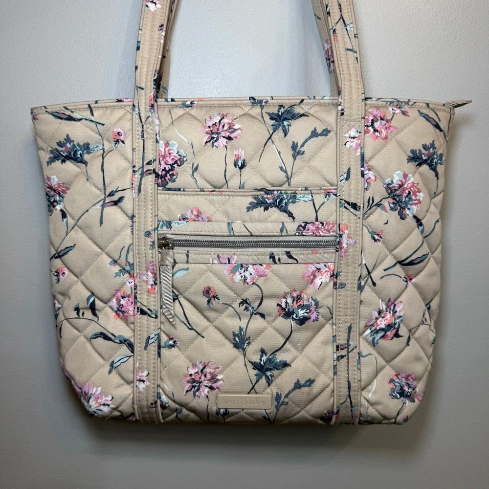 Vera Bradley Strawflowers Quilted Tote Bag Tan Pink Floral Shoulder Bag Zip Top